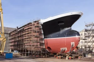 Ein großes Schiff wird von Baugerüsten eingedeckt.